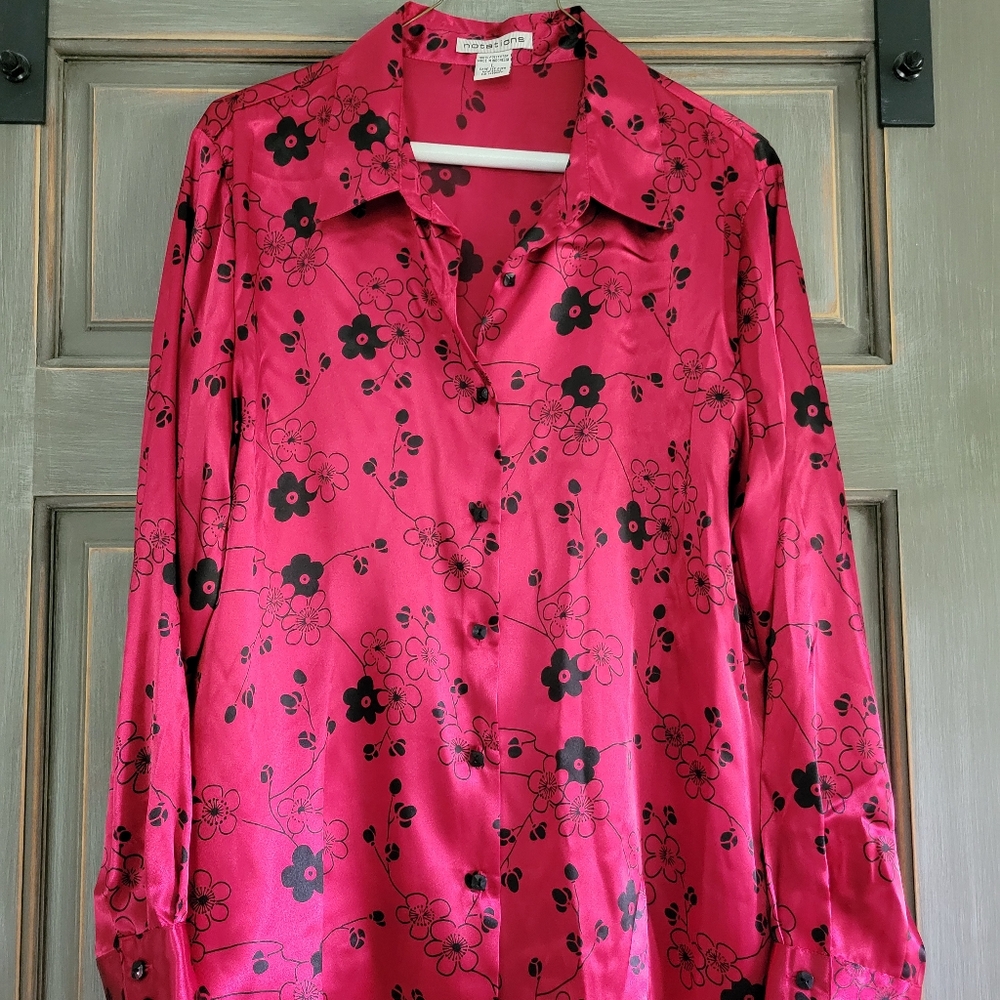 Vintage Tops | Vintage Red & Black Satin Floral Print Shirt | Color: Black/Red L